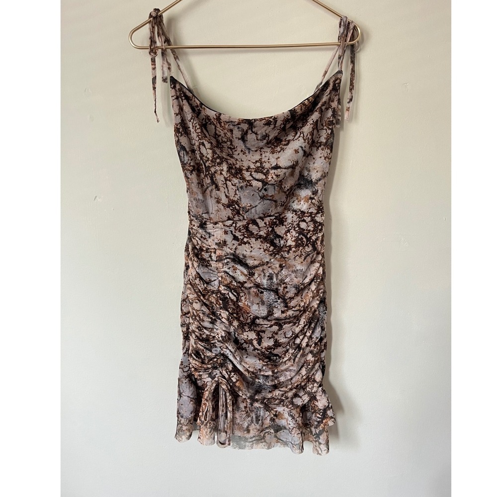 I Saw It First Brown Marble Print Mesh Ruched Cowl Neck Mini Dress Womens US 6